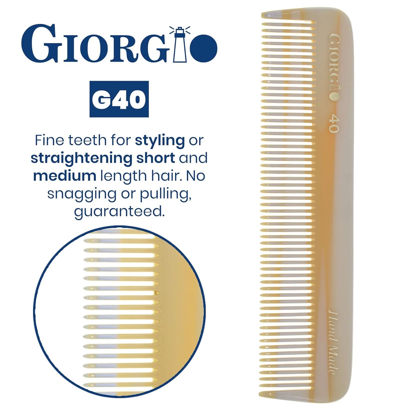 Giorgio G40 Handmade All Fine Tooth Pocket Comb, Hair Comb Straightener for Everyday Grooming Styling Hair, Mustache and Beard for Men Women and Kids, Use Dry or with Balms, Saw Cut and Polished