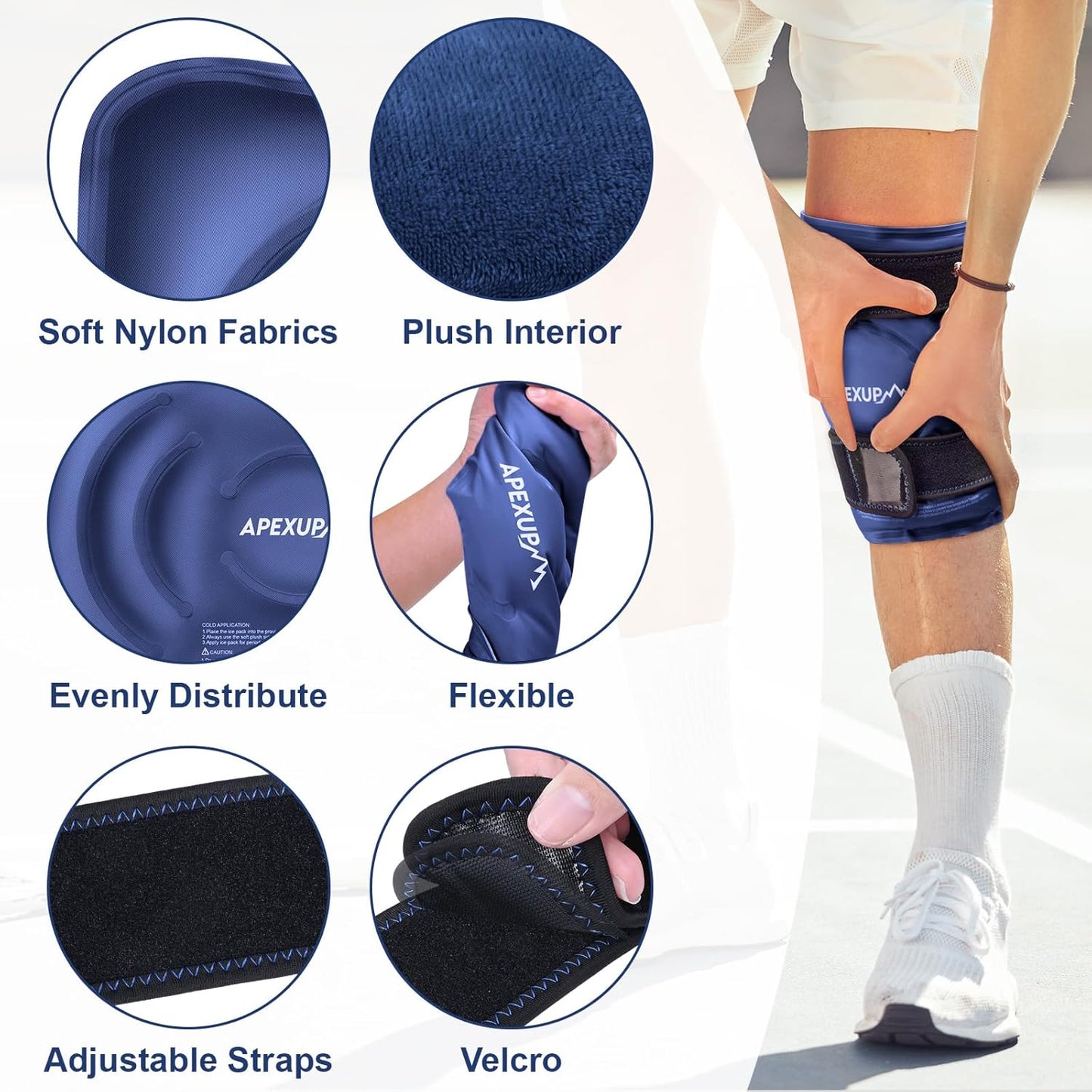 APEXUP Ice Pack for Knee Pain Relief, Large Reusable Wrap After Surgery, Flexible Gel Cold Pack for Injuries, Pain Relief for Back, Shoulder, Elbow, Ankle and Leg (Navy Blue, XXL, 1PK)