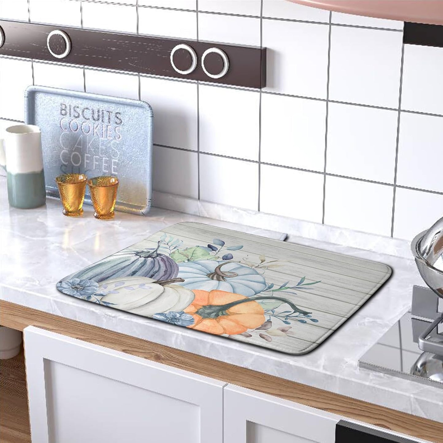 Fall Blue Orange Grey Pumpkin Kitchen Dish Drying Mat for Kitchen Counter 16x18 Inch Autumn Teal Flowers Drying Mat Thanksgiving Harvest Dish Drainer Mat Super Absorbent Dish Rack Pad for Coffee Bar