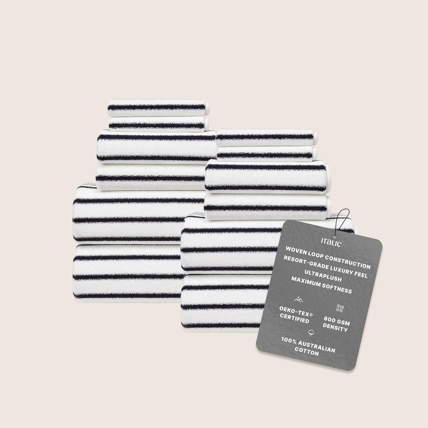 Italic Ultraplush 12-Piece Family Towel Set – Luxury Bath Towels, Hand Towels & Washcloths – Plush, Quick Dry, 800GSM 100% Australian Cotton for Bathroom & Spa - White & Blue (Striped)