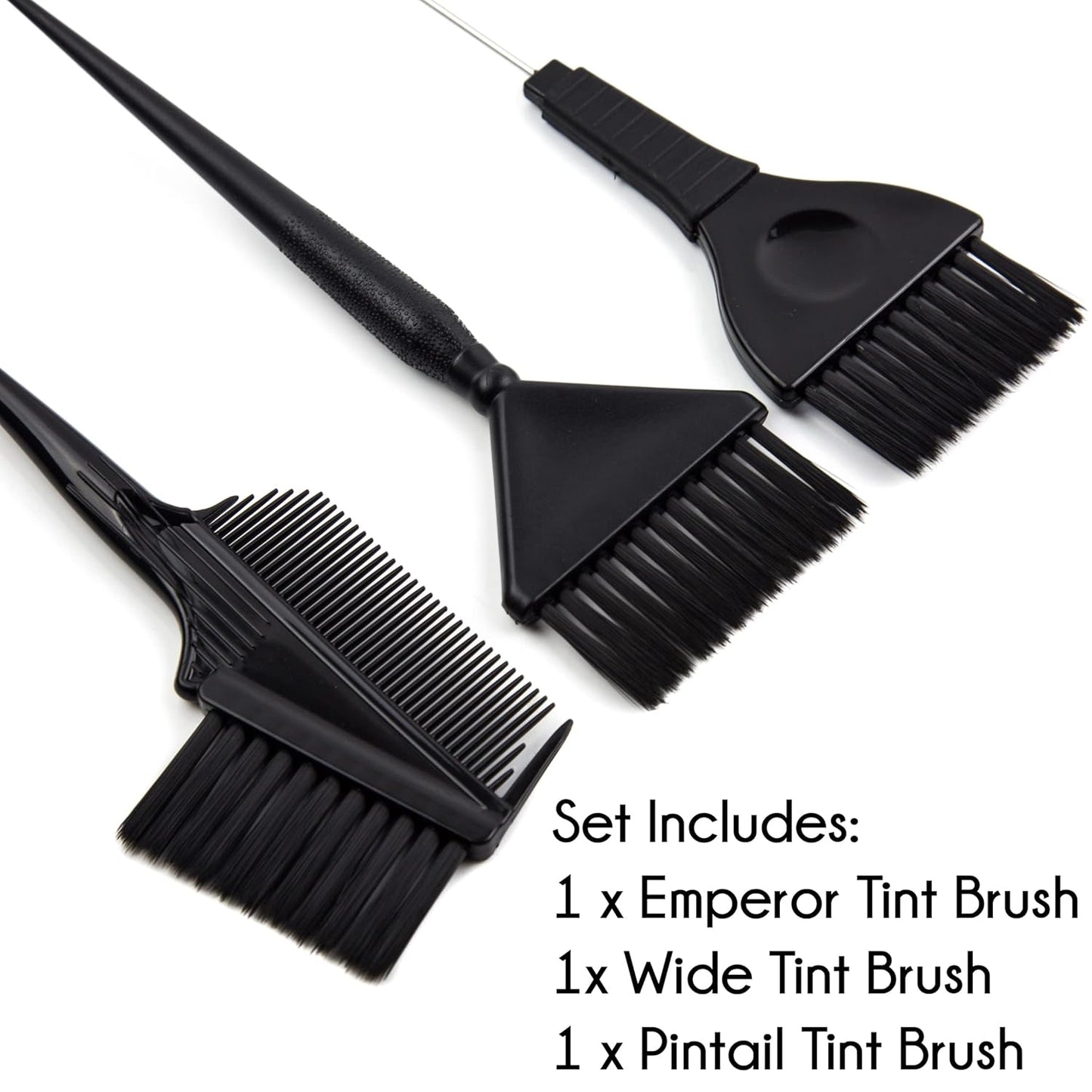 Hair Dye Brush Set - 3 Tint Brushes for Hair Color and Treatments - Extra Wide Brush - Pintail Brush - Emperor Brush - Variety Set Salon Color Brushes (Black)