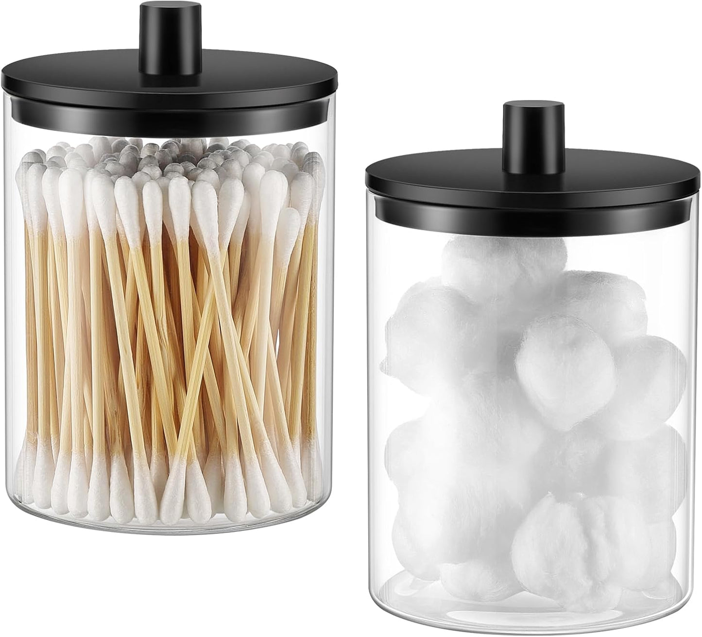 TIPGO Glass Qtip Holder Dispenser for Bathroom - 10 oz Clear Canister Apothecary Jar for Cotton Swabs, Balls, Pads, Floss Picks, Small Containers for Makeup Storage Organizer (2 Pack, Black)
