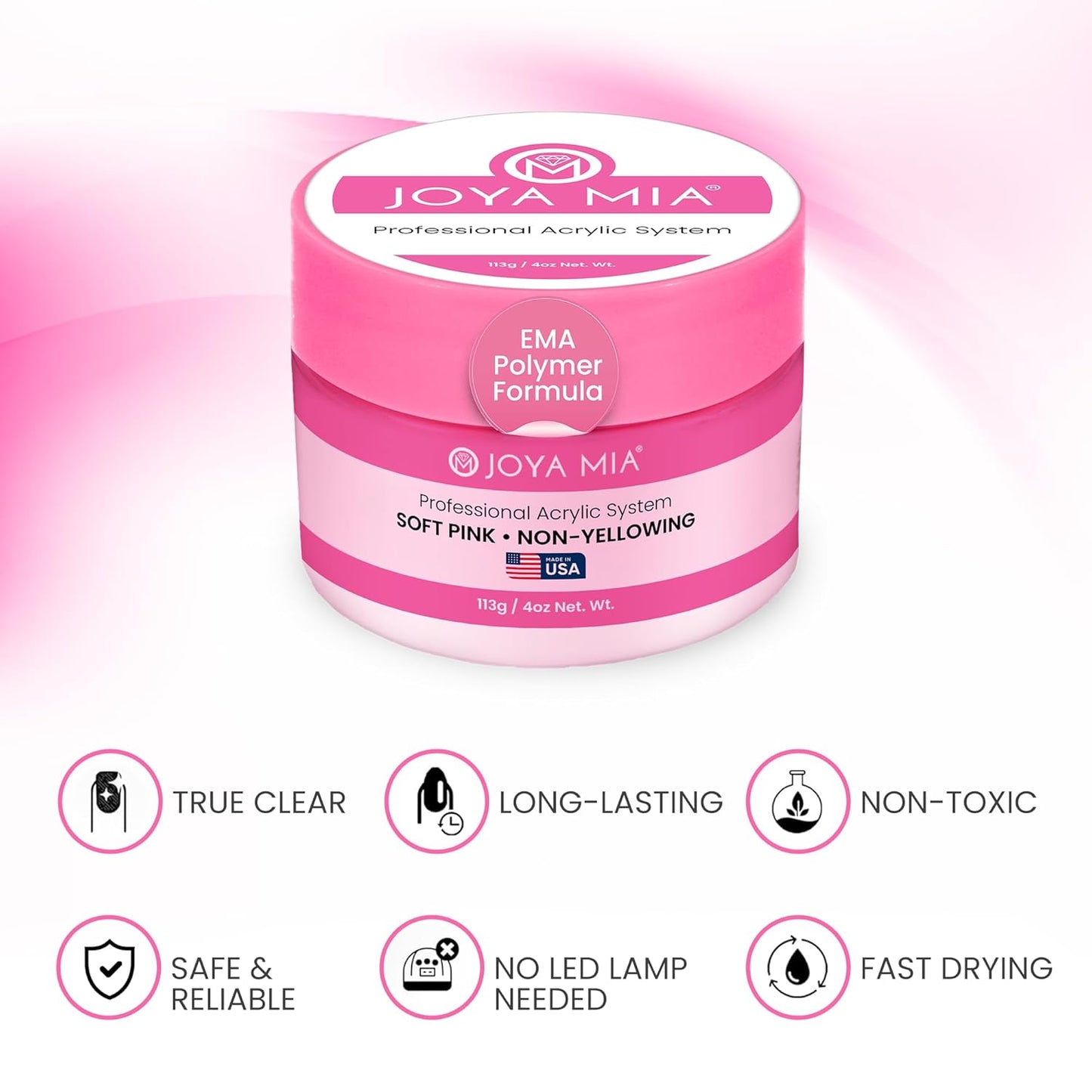 Joya Mia Acrylic Powder for Nails, MMA-Free, Super Adhesion Professional Powder for Flawless & Long-Lasting Nail Enhancements, Easy Application, Vibrant & Stunning Colors - Soft Pink, 4 oz