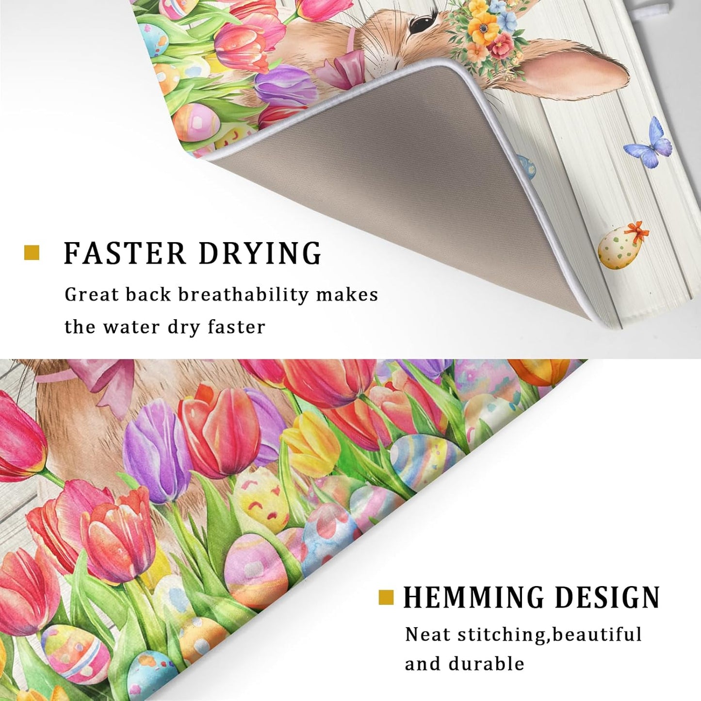 Easter Bunny Dish Drying Mat 18x24 inch Eggs Floral Fast Drying Pad Washable Reversible Microfiber Dish Drainer Mats for Kitchen Counter