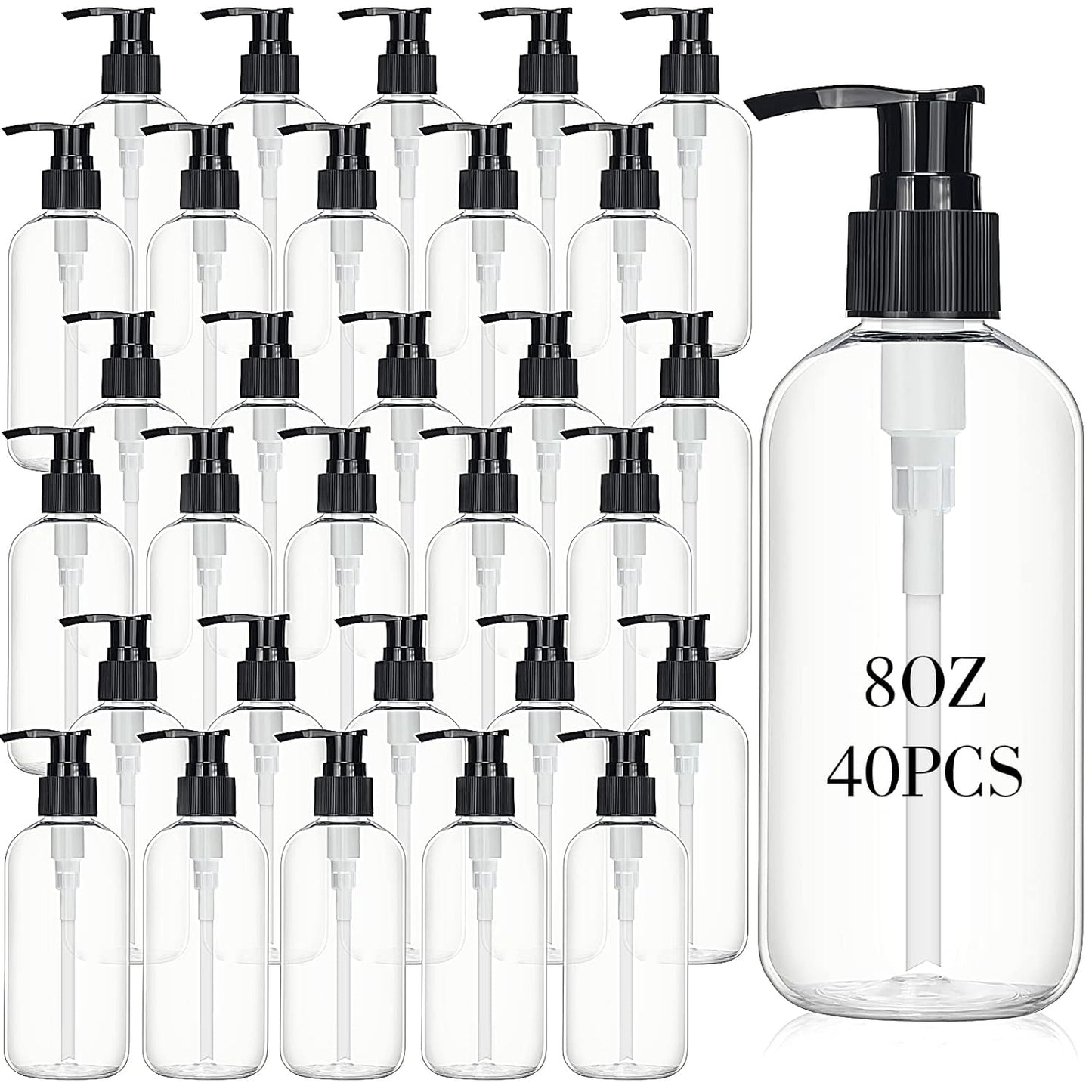 Norme 40 Pieces Empty Pump Bottle 8 oz Clear Refillable Plastic Bottles with Pump Dispenser Travel Lotion Container for Shampoo Hand Body Soap Oil Massage Moisturizer Face Cream Liquid
