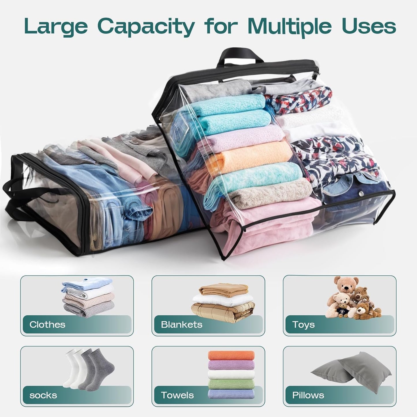 5PACK Clear Zippered Storage Bags for Clothes, 22L Closet Organizers Bag, and Blanket Storage Bags for Bedding, Linen, Blankets, Comforters, Clothing & Toys (Black)