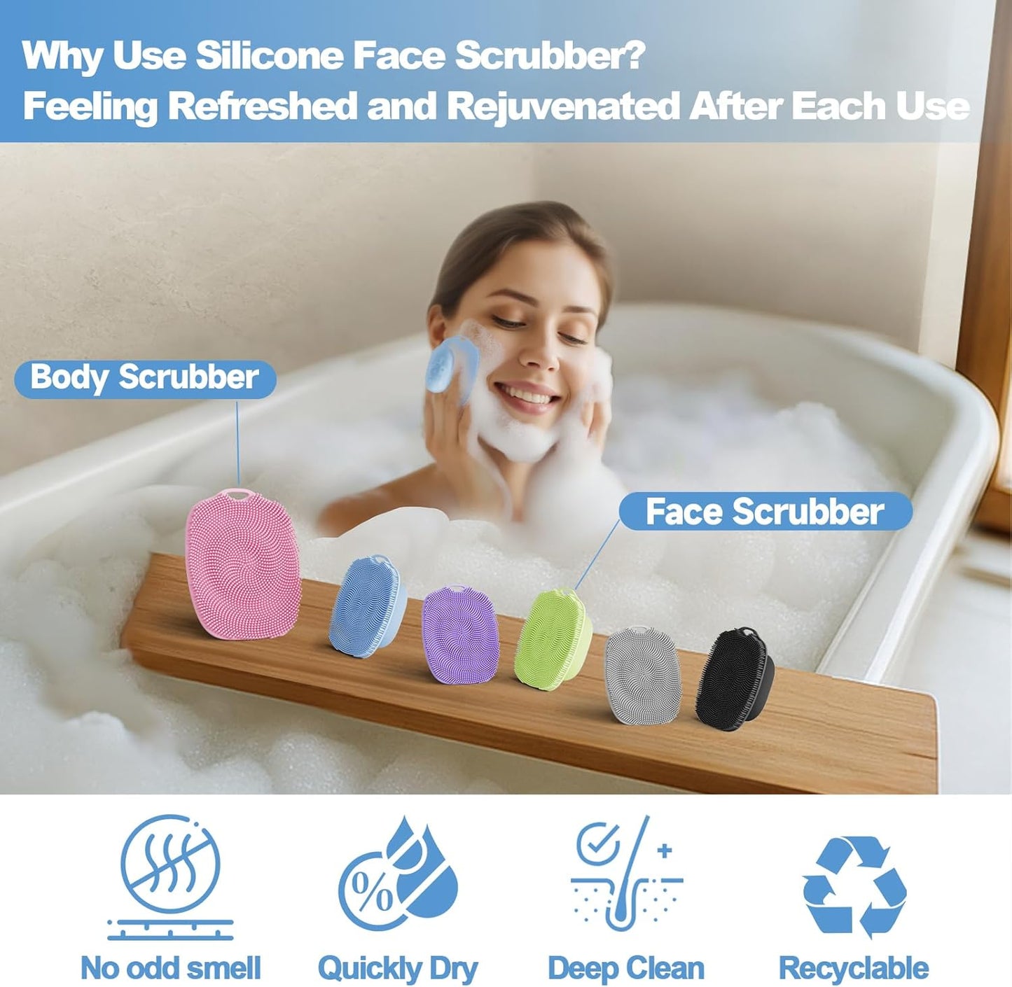 Soft Silicone Body Scrubber Gentle Like a Hand Exfoliating Your Skin and Build Up Lather, Back Large Suction Cup Easy to Store, & Deep Clean (Body Scrubber + Face Scrubber Blue)