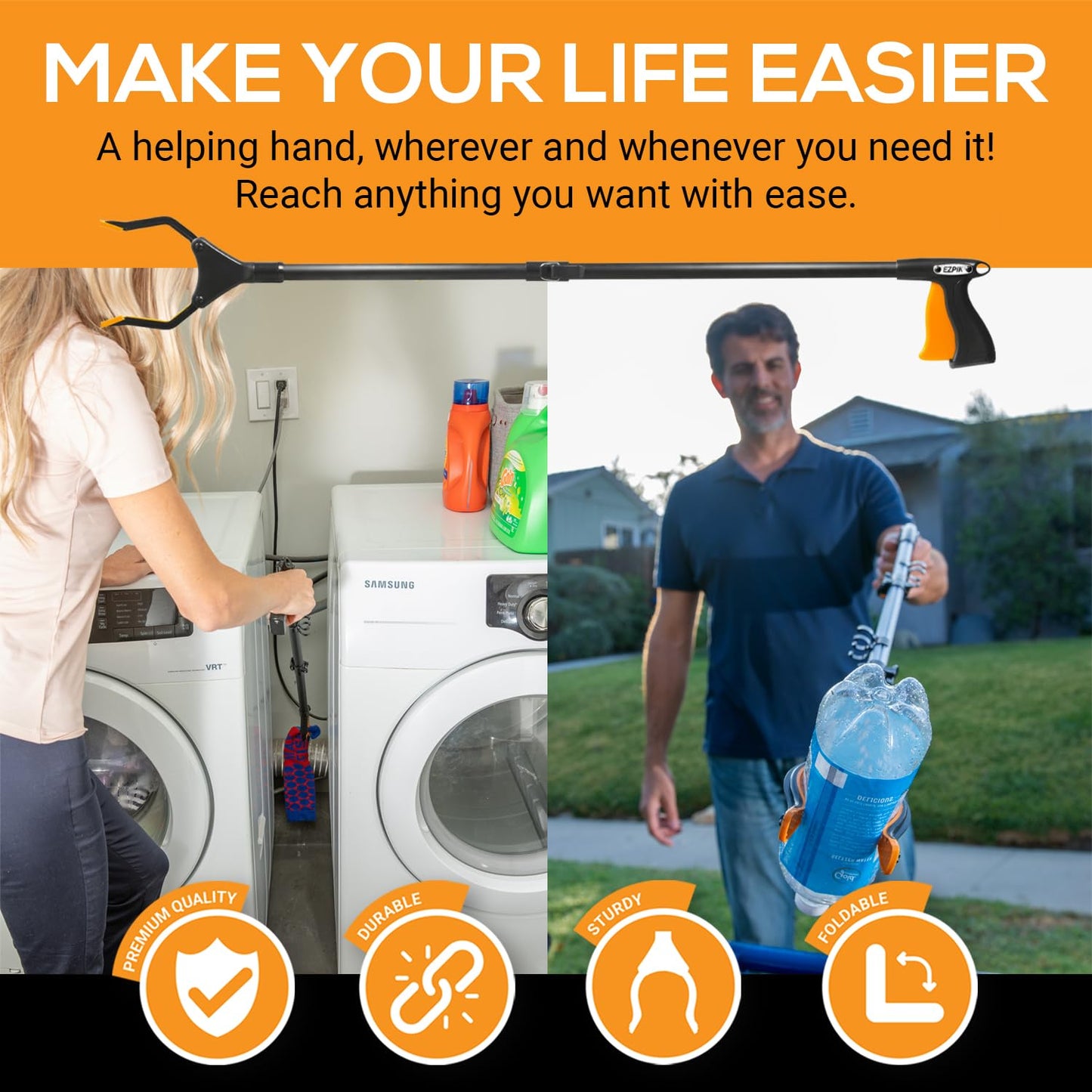 EZPIK Classic 32" Flexible Folding Grabber Tool for Elderly + Magnets, Reacher for Disabled & Seniors Heavy Duty Rotating Grippers for Reaching Underneath, Trash Grabbers & Pickers for Mobility 2-Pack