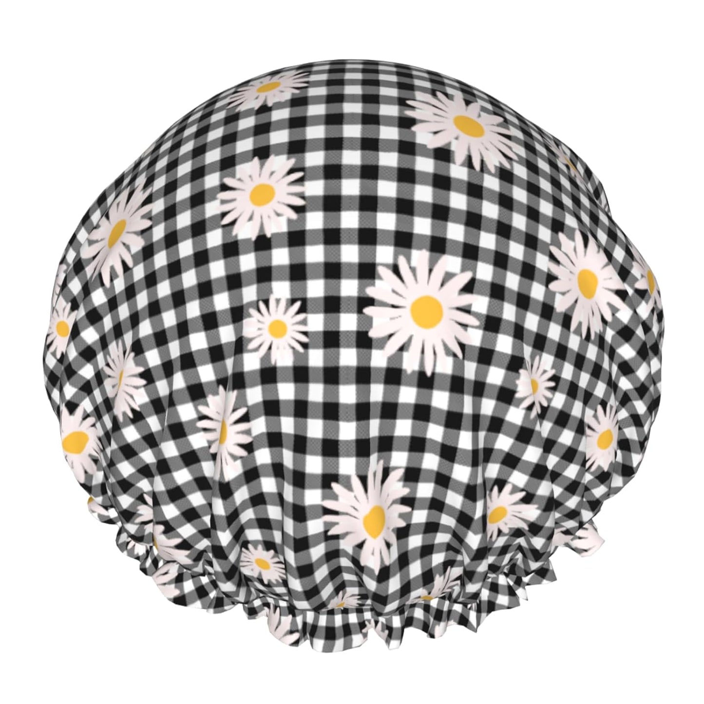 Daisy Shower Caps Black Checkered Dual-Layer Waterproof Bath Hat Flower Reusable Hair Caps Elastic Hair Hat for Shower Cooking Clean Makeup Travel