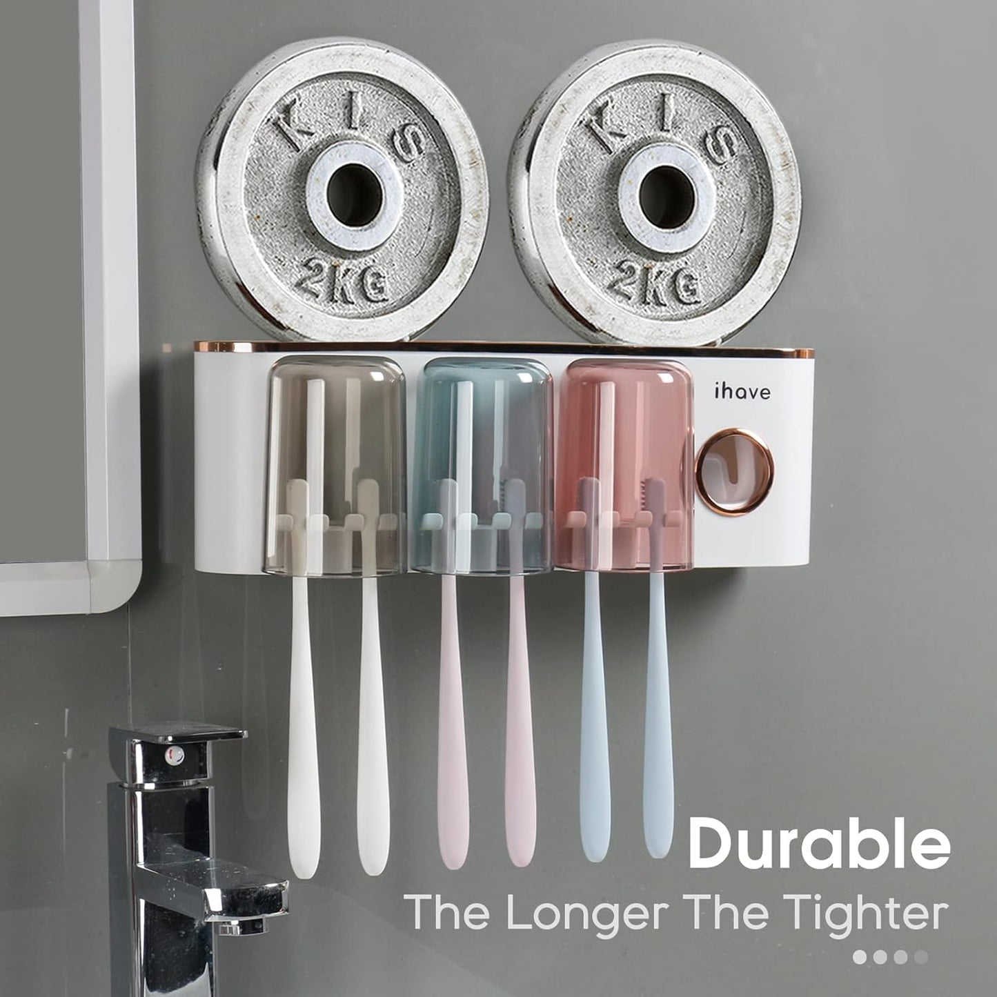 iHave Toothbrush Holders Bathroom Accessories with Toothpaste Dispenser, 3 Cups Toothbrush Holder Wall Mounted Bathroom Decor