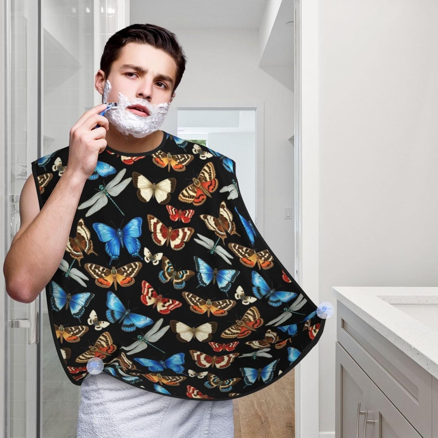 Non-Stick Beard Bib for Shaving, Moth Bee Butterfly Pattern Shave Bib, Waterproof Hair Catcher with Suction Cups, Grooming Apron Men Husband