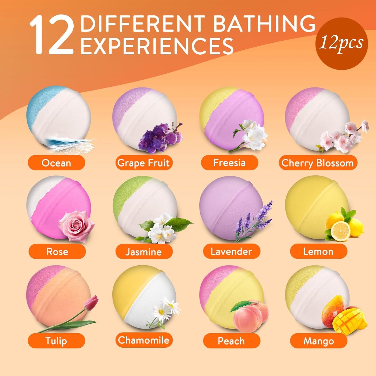 Bath Bombs for Women, 12 Pack Handmade Natural Fizzies Bath Bombs with 12 Unique Scents, Relaxing Bubble Bath for Dry Skin Moisturizing, Essential Oils Bathbomb Spa Gift Set for Mom, Wife, Girlfriend