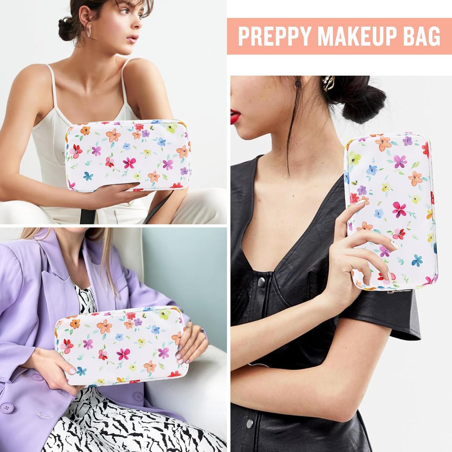 Nylon Small Floral Makeup Bag for Purse, Cute Preppy Makeup Bag Flower Cosmetic Zipper Pouch Purse, Waterproof Portable Travel Toiletry Makeup Brush Bag Organizer Storage for Women Girls(White-Flower)