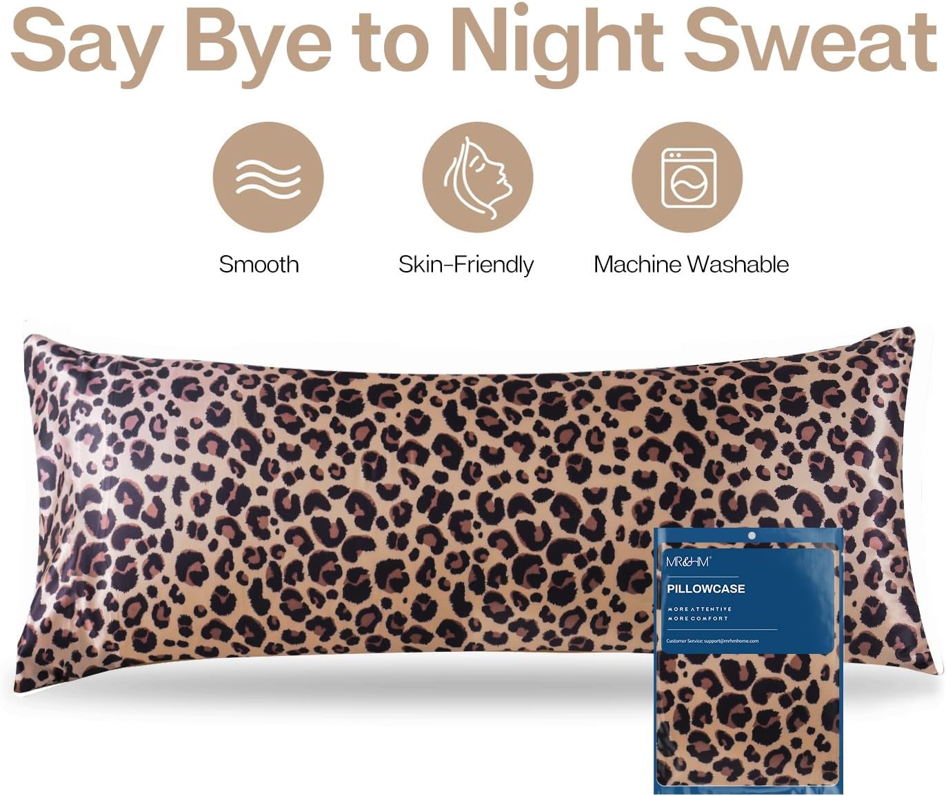 MR&HM Satin Body Pillow Cover, Soft and Breathable Body Pillow Case with Envelope Closure, Cooling and Silky Long Pillowcase for Hair and Skin,Grey (20x54, Brown Leopard)