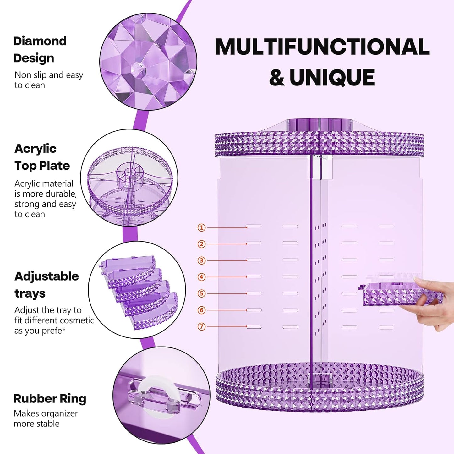 360 Degree Rotating Makeup Organizer, Extra Large Capacity Cosmetics Organizer, Removable 7 Layers Skincare Organizers, Spinning Perfume Organizer, Dresser Organizer Countertop (Purple)