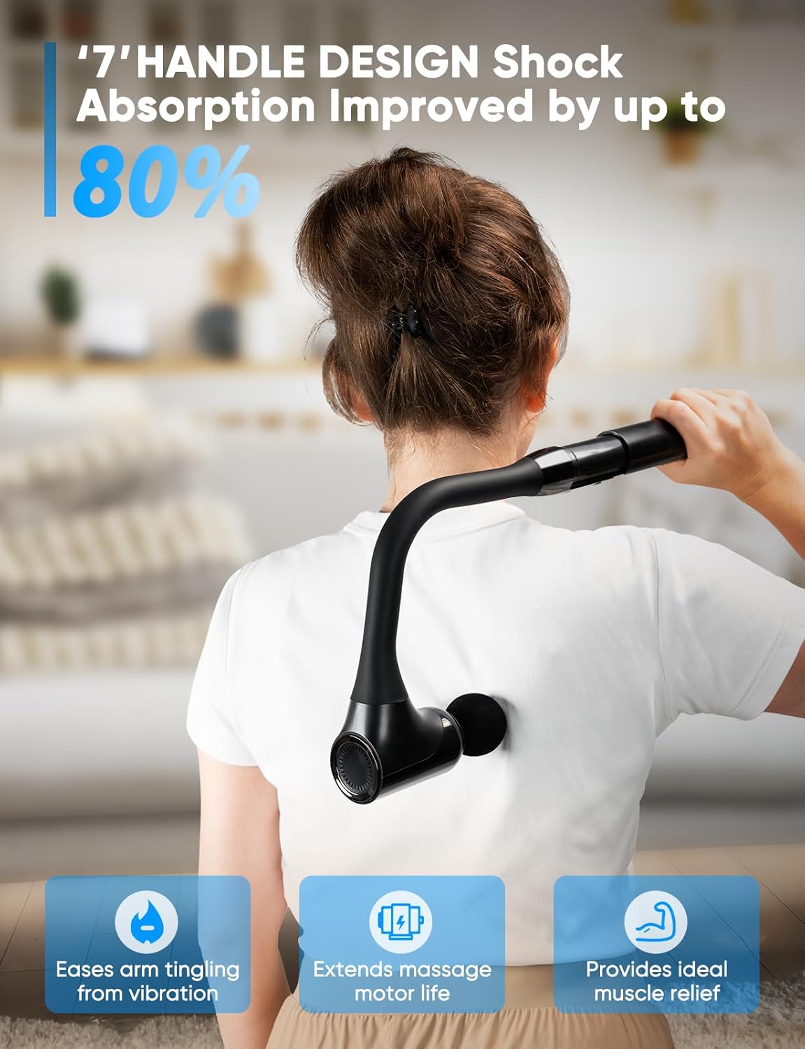 Massage Gun Deep Tissue - Back Massager for Pain Relief Deep Tissue with Extended Handle, 12MM Percussion Less-Shock Neck/Foot/Leg/Shoulder Massager, Infinitely Adjustable Speed & 4 Replaceable Heads