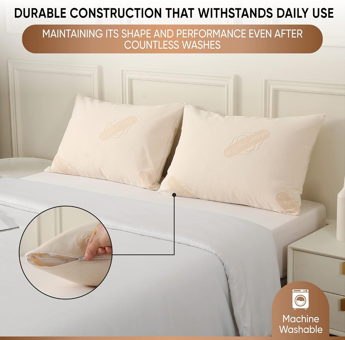 2-Pack Deluxe Organic Cotton Pillow Protectors - King - Certified Organic, Waterproof, Zippered Encasement, Soft Knit Fabric, Thick 280 GSM Cotton