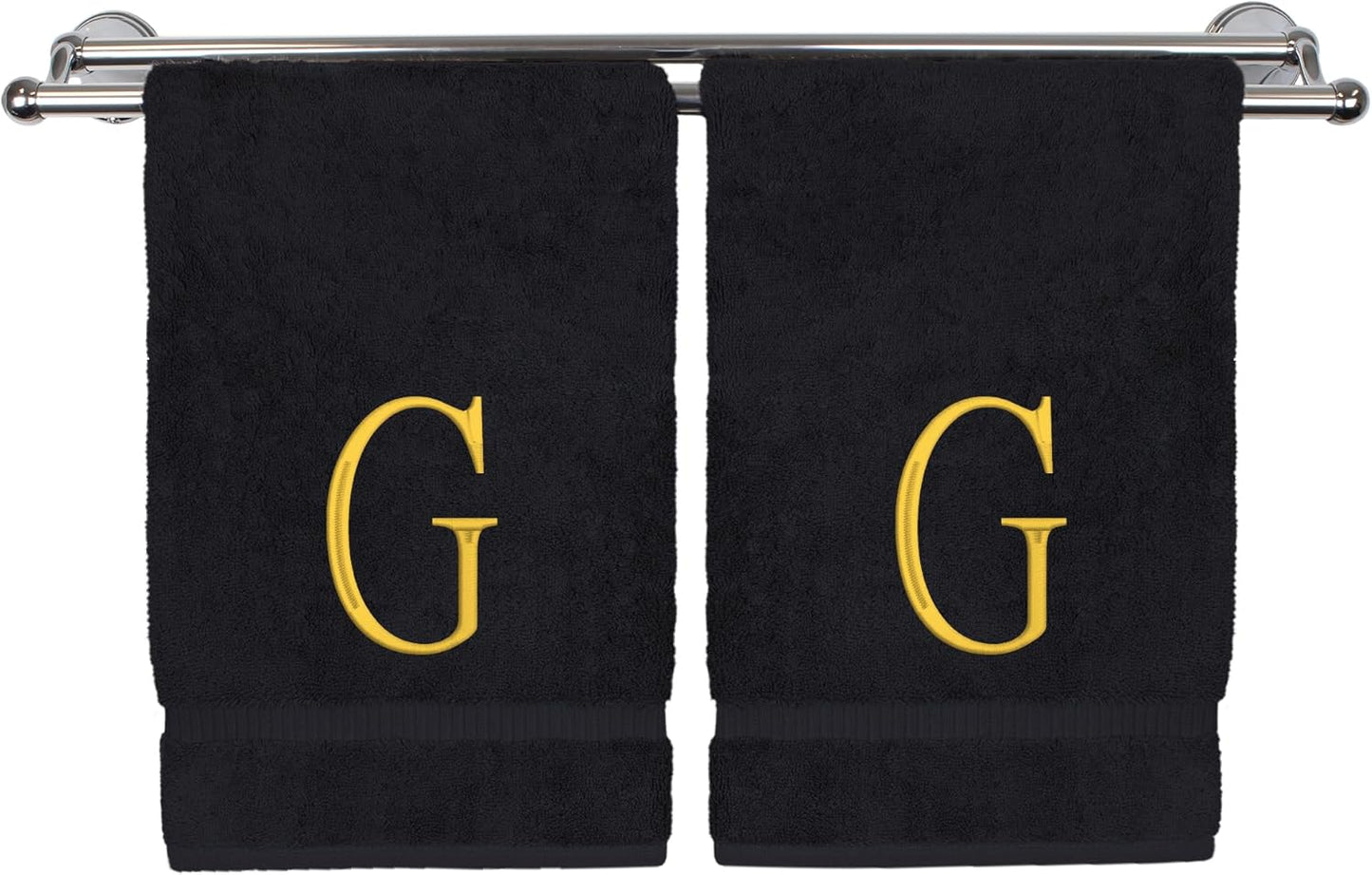 Monogrammed Hand Towel, Personalized Initial Gift, Extra Absorbent 100% Turkish Cotton - Soft Terry Finish - Set of 2 - Gold Block Initial G - Embroidered on Black Towels