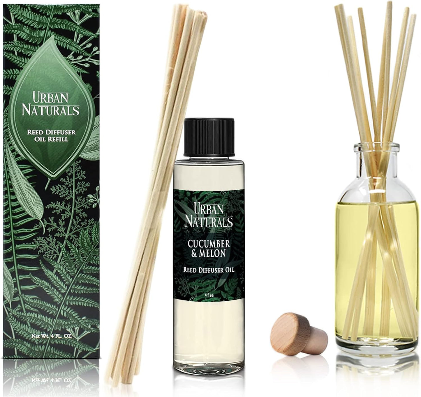 Urban Naturals Reed Diffuser Oil Refill Cucumber Melon, Crisp Cucumber, Juicy Melon, Refreshing Summer Scent, 4 oz + Free Reed Sticks, Made in The USA