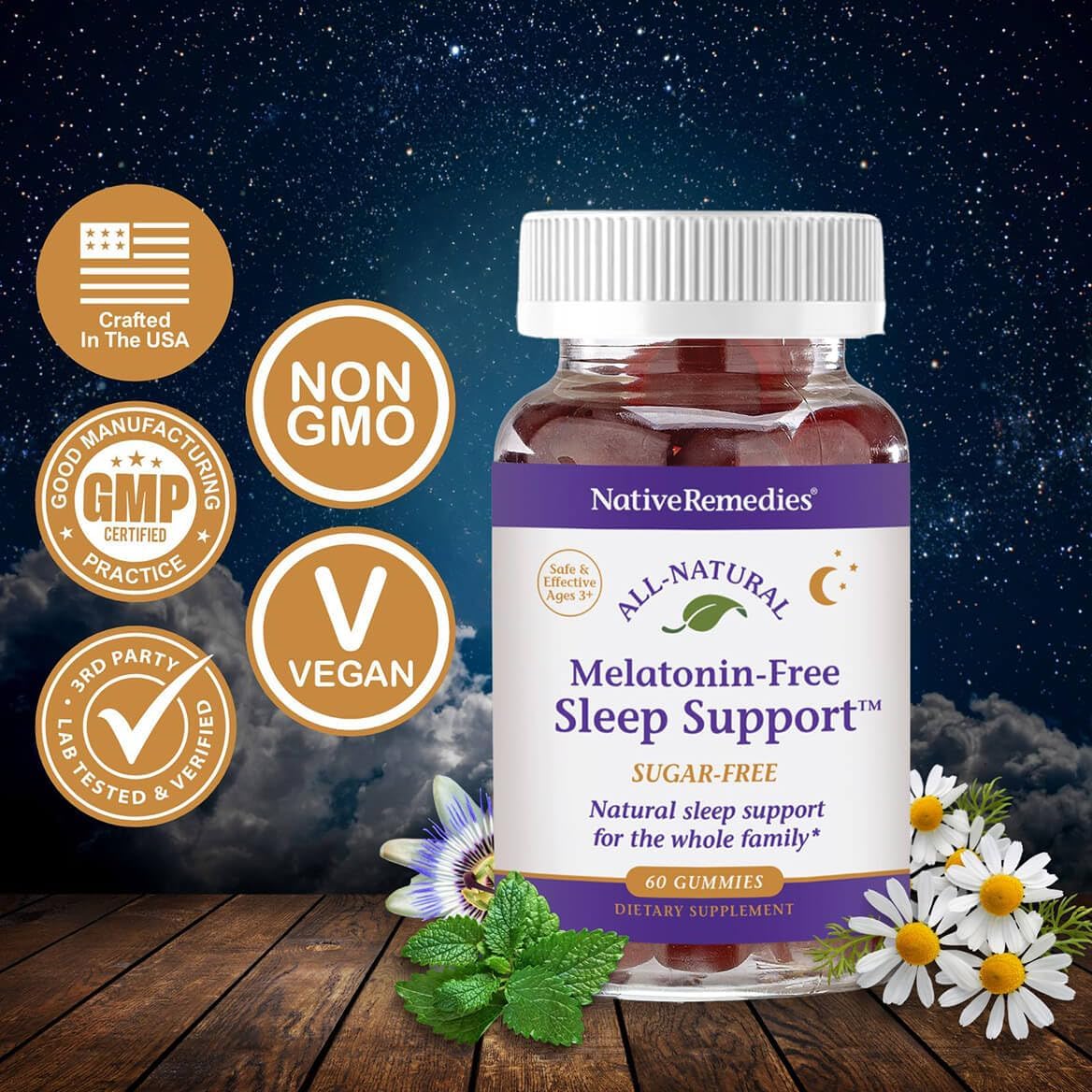Native Remedies Melatonin-Free Sleep Gummies – Sugar-Free Herbal Formula with GABA, Magnesium, L-Theanine & Valerian – Sleep Aid Natural Support for Adults - 60 Calm Gummy Vitamins