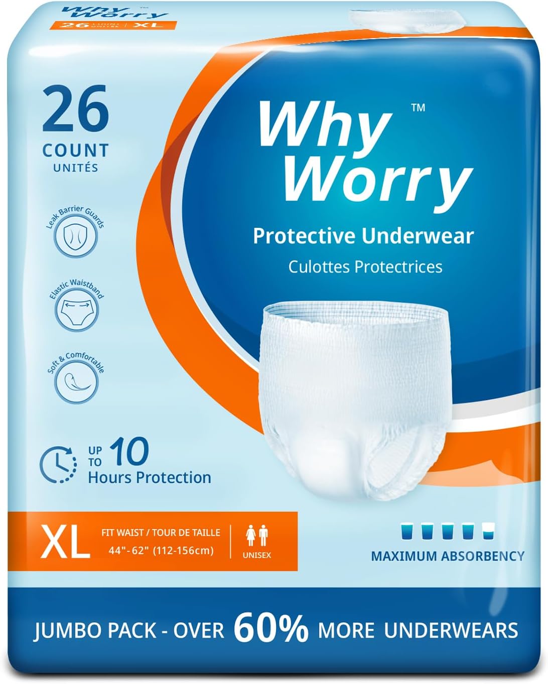 WhyWorry Incontinence Underwear for Women and Men, Disposable Adult Pull Ups with Overnight Absorbency, Leakproof, Unisex, XLarge, 26 Count