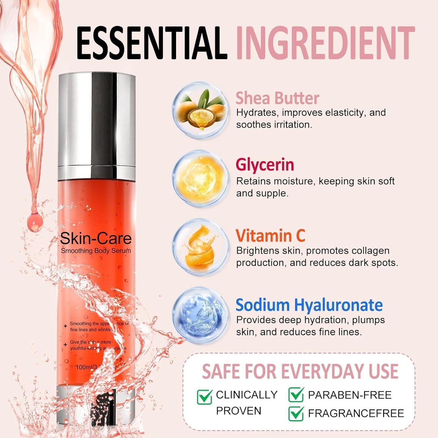 B Glossy Body Serum, Moisture-Rich Formula with Hyaluronic Acid, Glycerin & Vitamin E for Soft, Supple Skin, 3.38 Fl OZ G