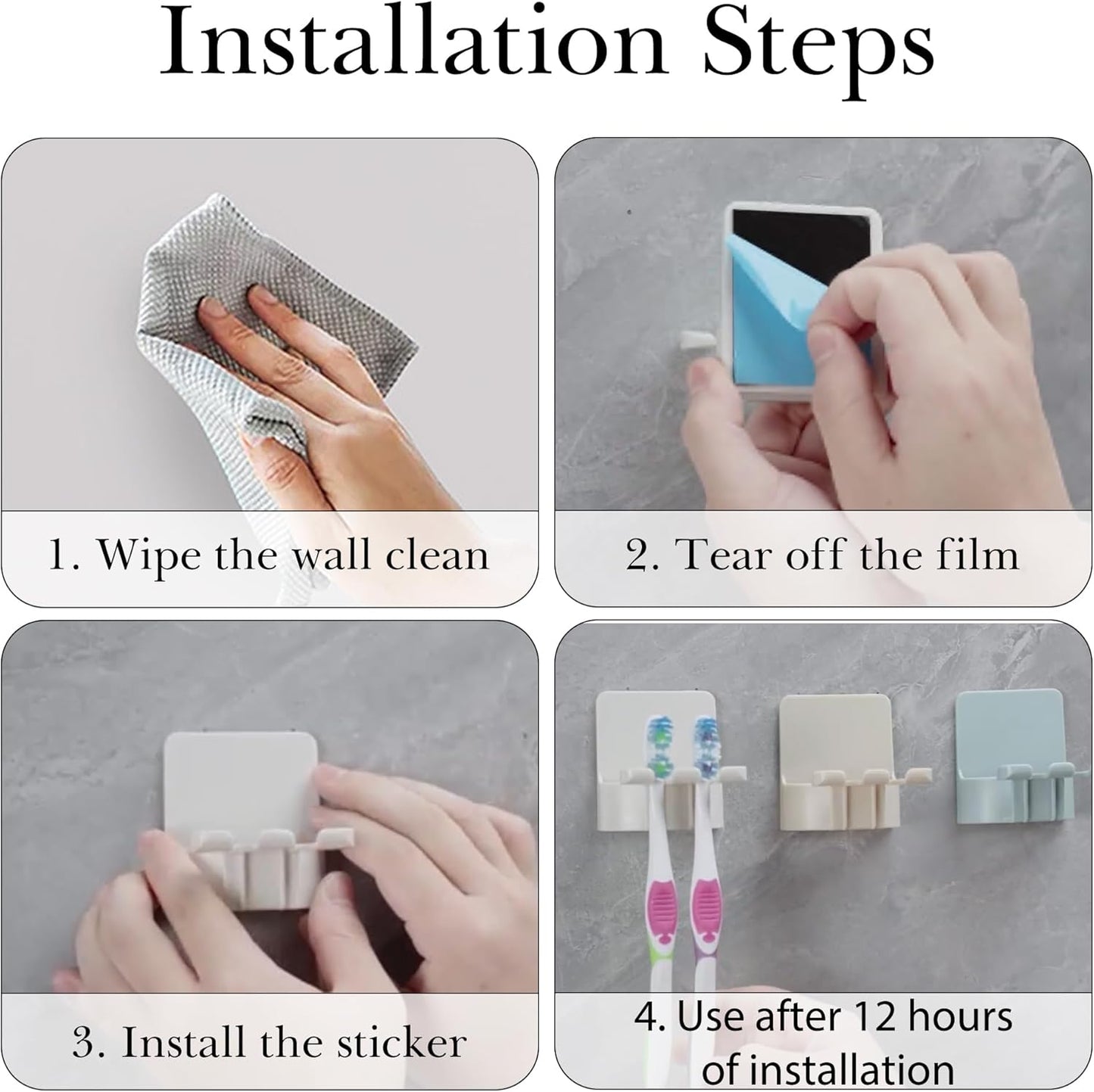 2 PCS Self-Adhesive Toothbrush Holders Wall Mounted, Water Proof Toothbrush Hook, 3 in 1 with Toothbrush Hanger Toothpaste Holder and Gargle Cup Holder for Bathroom Shower (Blue)