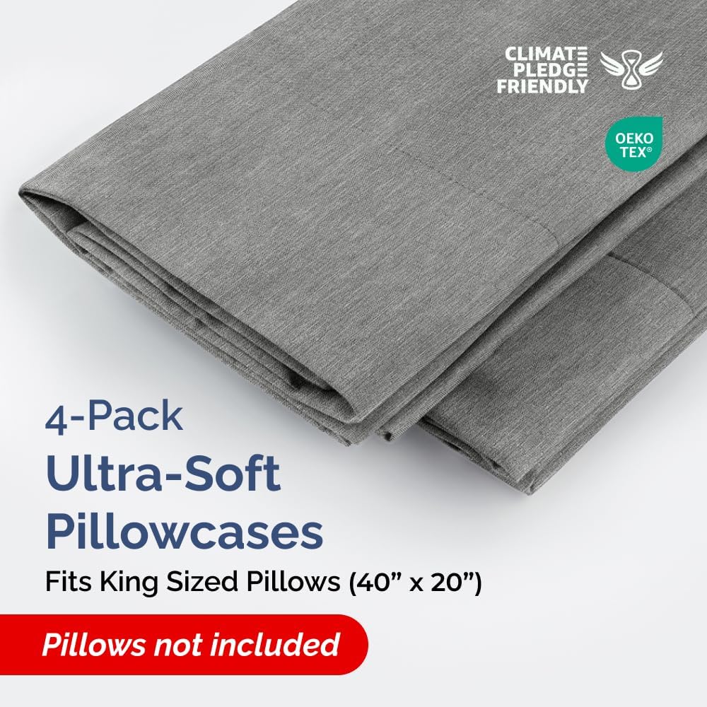 King Pillow Cases Set of 4 - Ultra Soft Hotel Quality Pillowcase Covers - Comfy, Cozy & Wrinkle Free - Shrinkage and Fade Resistant - Machine Washable Pillow Protectors - 4 Piece Set - Heathered Grey