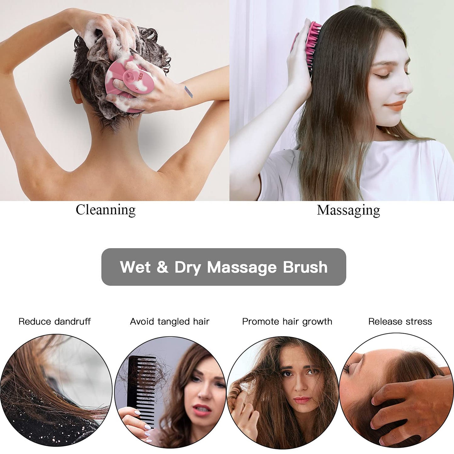 INNERNEED Scalp Massager Shampoo Brush, Wet & Dry Manual Scalp Care Head Scrubber Hair Washing, Soft Silicone Bristles, for Hair Growth, Dandruff Removal, Comfortable for All Hair Types (Pink)