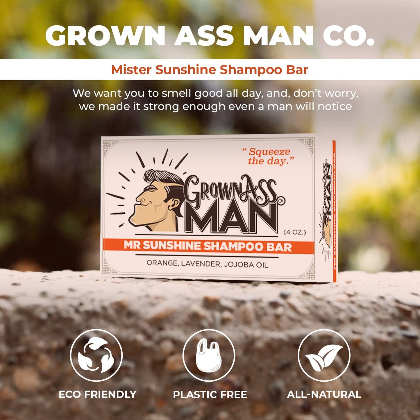 Grown Ass Man Co. - Solid Shampoo Bar Rich Lather 3 in 1: Hair, Beard & Body Wash - Plastic Free & Eco-Friendly, Natural & Organic Clean for All Hair Types, 4oz Bar (Mister Sunshine, 6-Pack)