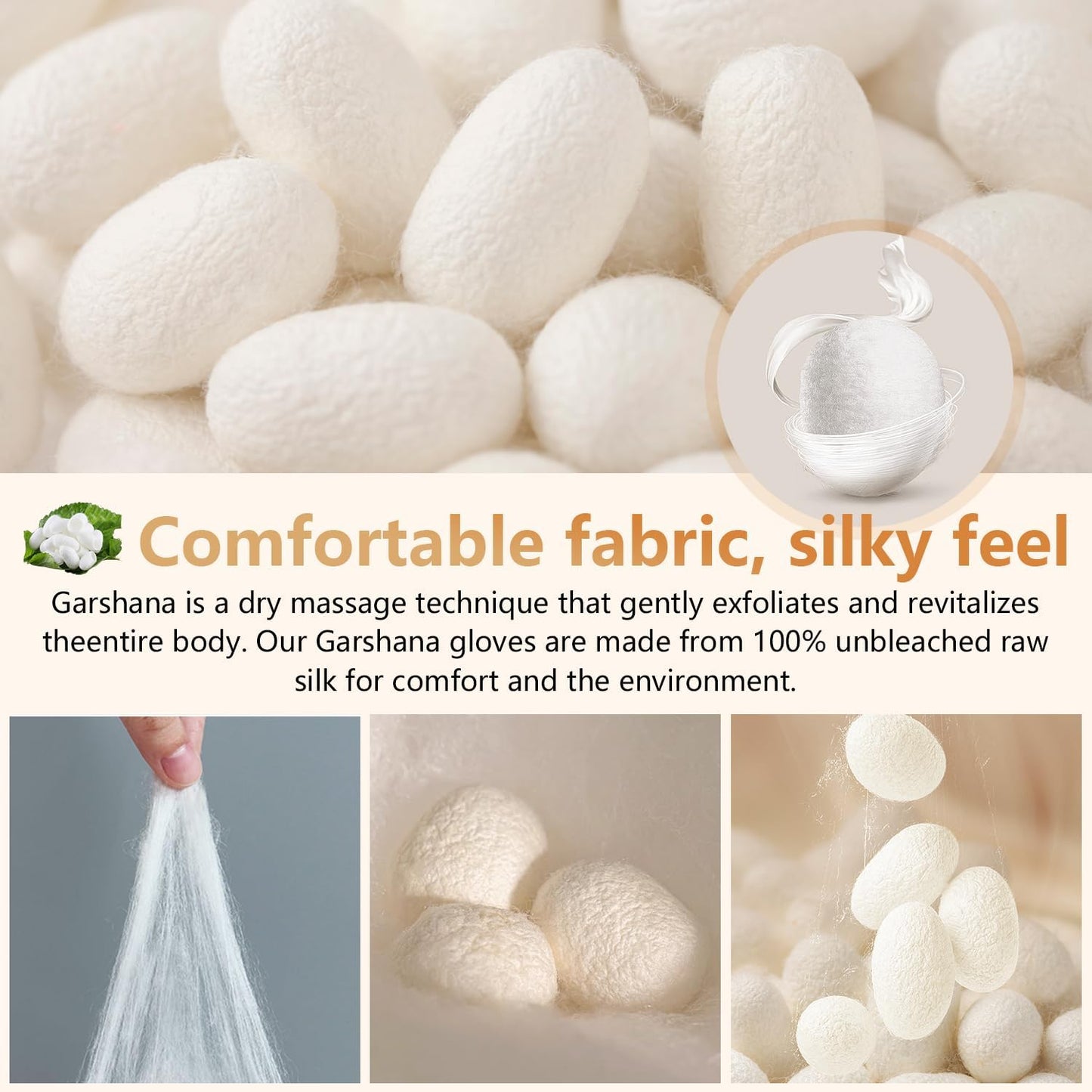 Garshana Gloves Raw Silk Massage, Raw SilkGloves Garshana with Elastic Wrist Bands, Exfoliating Bath Massage Raw Silk Gloves, for Skin BrushingMassage