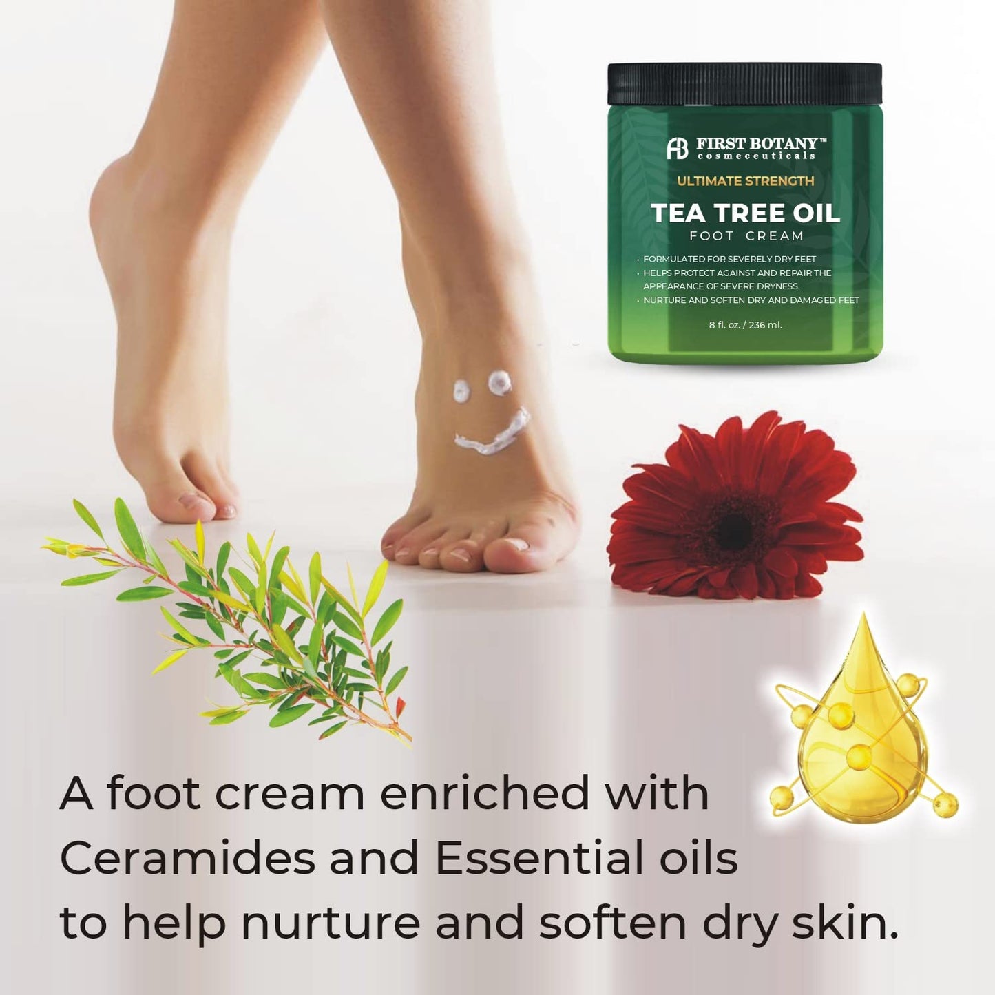 First Botany, Athletes Foot Cream with Tea Tree Oil, Aloe & Spearmint - Hydrates, Softens & Conditions Dry Cracked Feet, Heel and Calluses- Helps Soothe Irritated Skin - 8 oz