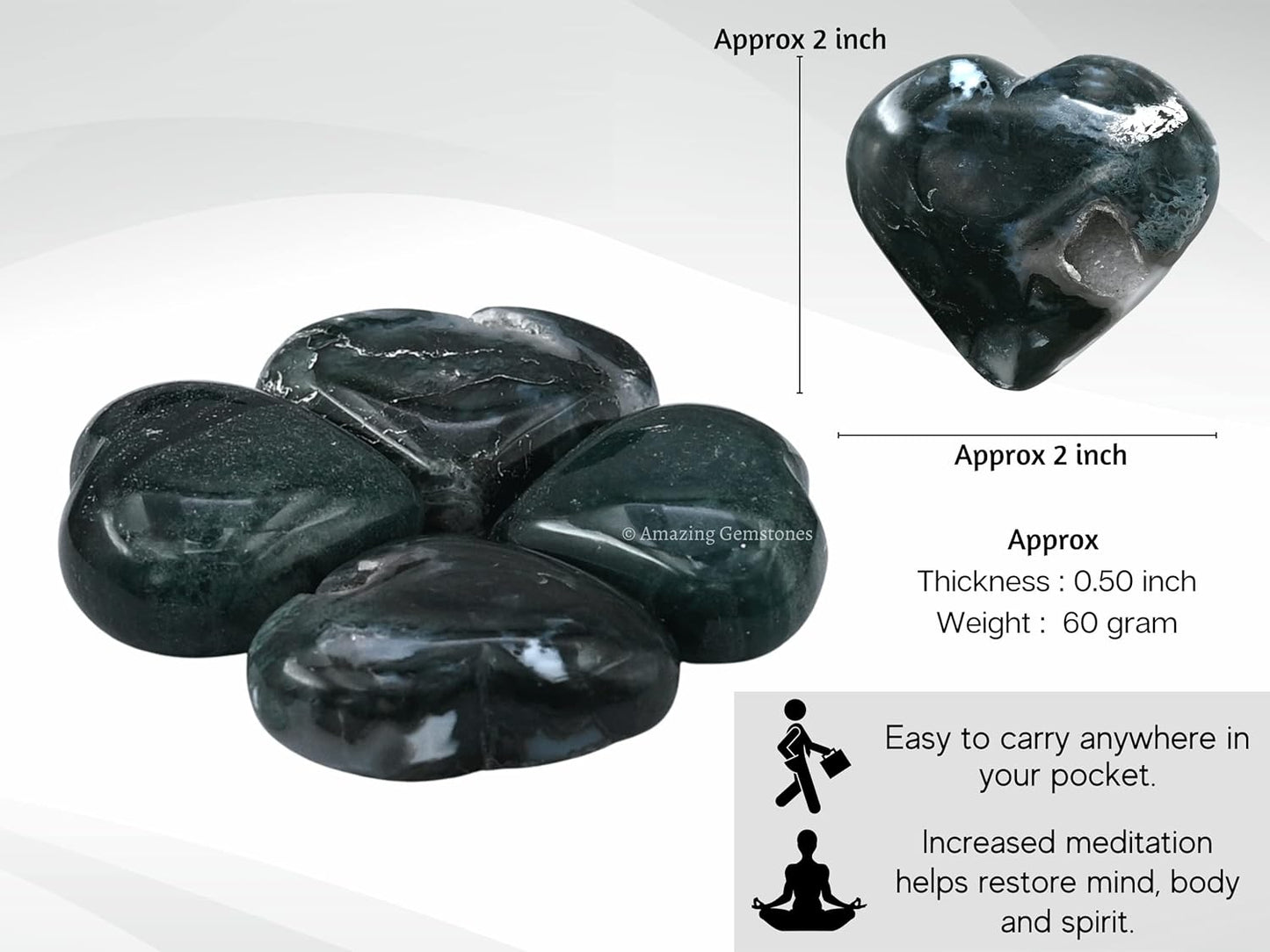 Moss Agate Crystal Heart Palm Stone - Pocket Massage Worry Stone for Natural Body Chakra Balancing, Reiki Healing and Crystal Grid