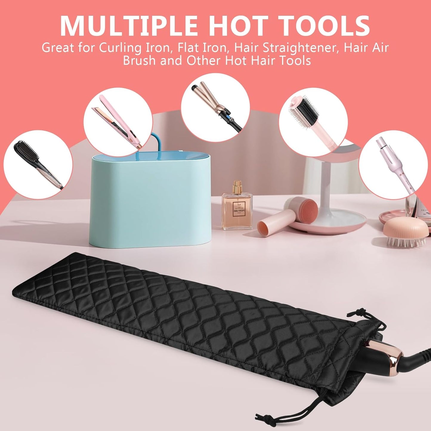 AMIJEAL Heat Resistant Hair Tools Organizer Bag Portable Travel Drawstring Storage Cover Pouch for Hair Straightening Irons, Curling Irons, Flat Irons and Hot Styling Tools(16" x 4.3")