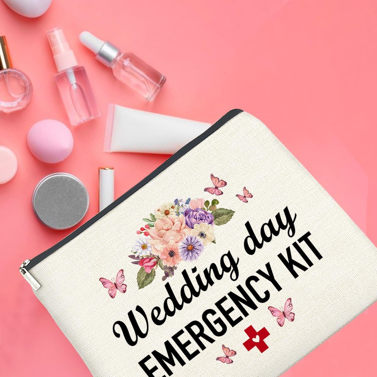 Wedding Makeup Bag Gifts for Bride Bridesmaids, Wedding Day Emergency Kit Floral Cosmetic Bag Zipper Makeup Pouch