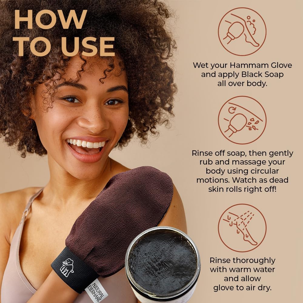 Natural Elephant Exfoliating Hammam Glove - Face and Body Exfoliator Mitt (Black, Brown, Orange, and Lilac (Pack of 4))