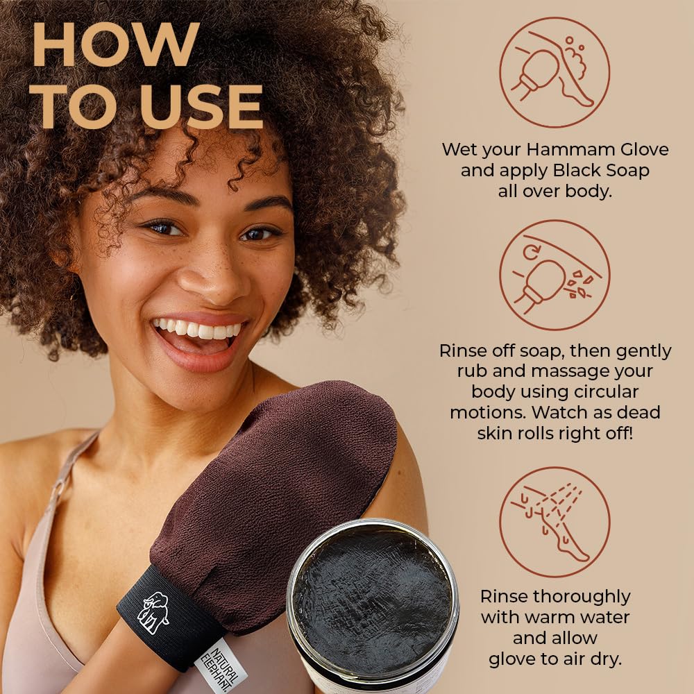 Natural Elephant Exfoliating Hammam Glove - Face and Body Exfoliator Mitt 5 and 10 Packs (2 Teal, 2 Lilac, 1 Pink (Pack of 5))