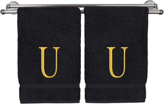 Monogrammed Hand Towel, Personalized Initial Gift, Extra Absorbent 100% Turkish Cotton - Soft Terry Finish - Set of 2 - Gold Block Initial U - Embroidered on Black Towels