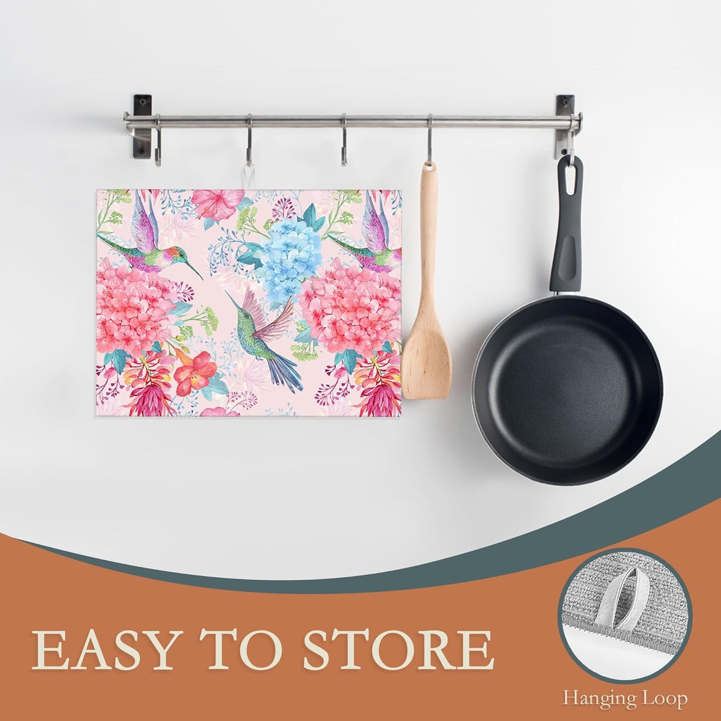 Humming Bird Dish Drying Mats 18x24 Inch,Tropical Flowers Dish Pad Drying Rack Mat for Kitchen Counter Ultra Absorbent Microfiber Dishware Coffee Maker Bar Countertop Decor