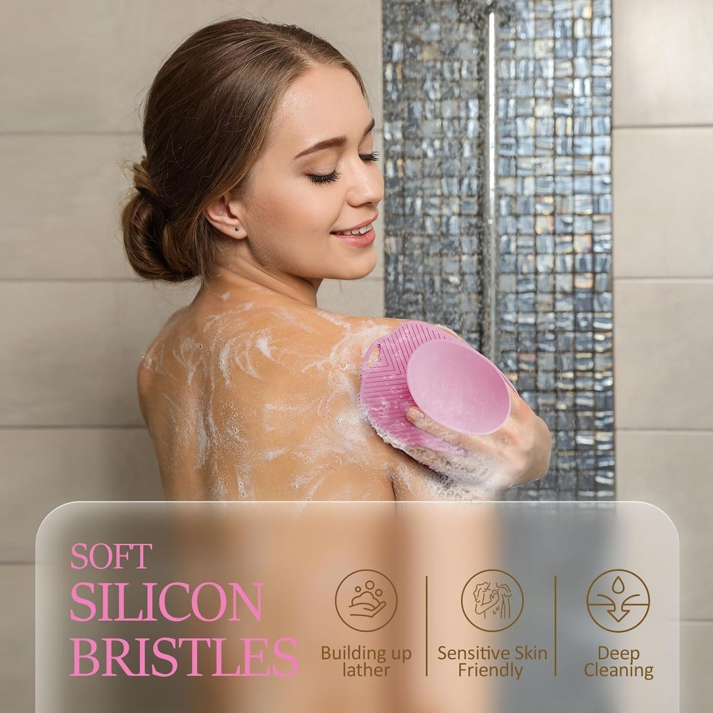 Soft Silicone Body Scrubber Gentle Like a Hand Exfoliating Your Skin and Build Up Lather Easily, Back Large Suction Cup Easy to Store, Long-Lasting & Deep Clean (Pink)