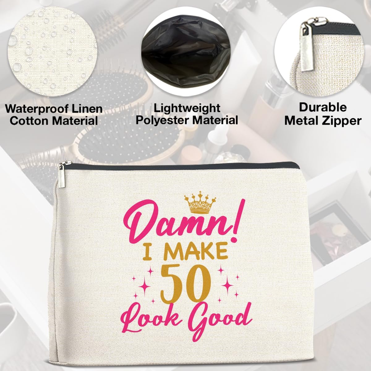 50th Birthday Gifts for Her Wife Aunt Grandma Makeup Bag, I Make 50 Look Good Cosmetic Bag Zipper Makeup Pouch Gifts for Grandma Mom 50th Birthday