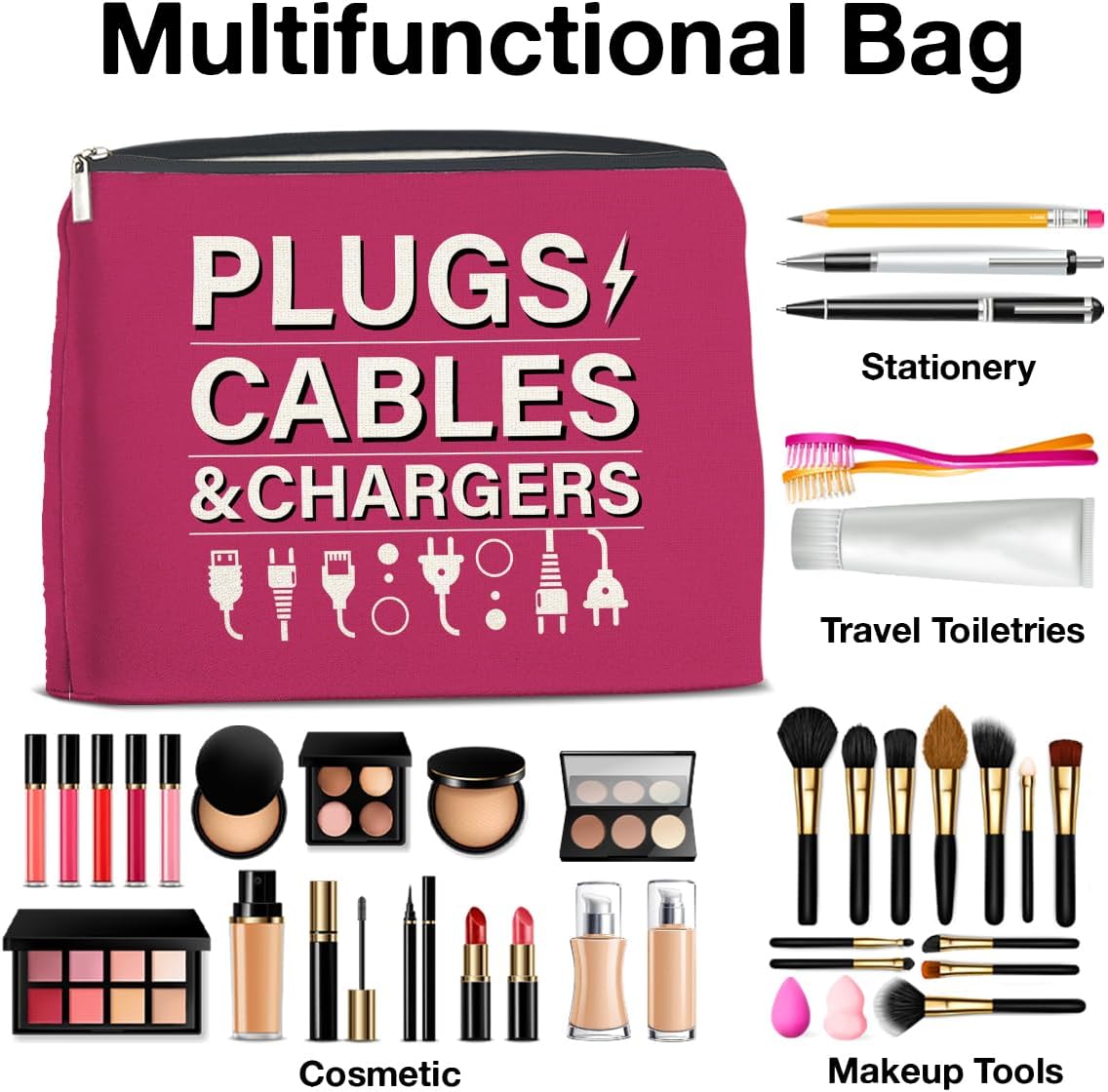 Pink Charger Storage Makeup Bag Gifts for Women Cosmetic Bag Zipper Pouch for Travel Vacation Business