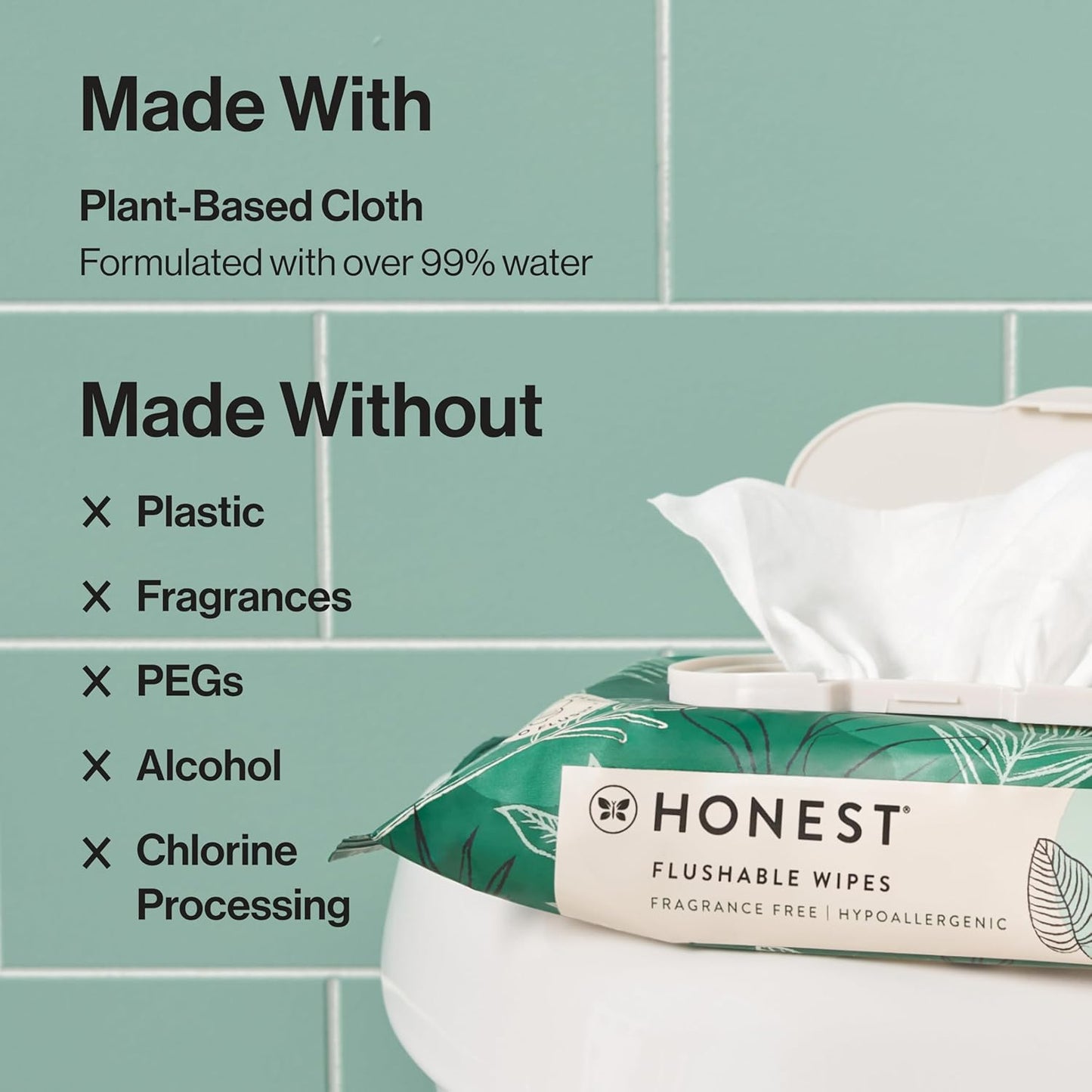 The Honest Company Flushable Wipes for Sensitive Skin | Fragrance Free, Hypoallergenic, 99% Water, Safe to Flush | pH Balanced Feminine Wipes | Tropical Leaves, 126 Count