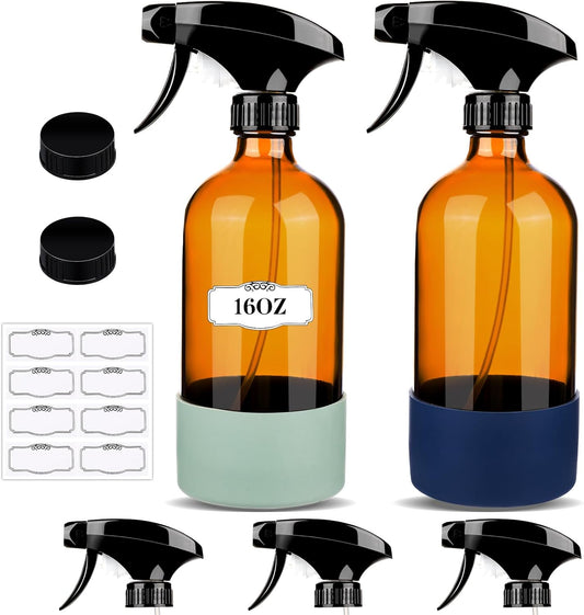 2 Pack/16 Oz Glass Spray Bottles, Refillable Empty Containers with Silicone Sleeve, Upgraded Adjustable Nozzle Spray Bottle Sets for Cleaning, Essential Oils, Hair (Amber)