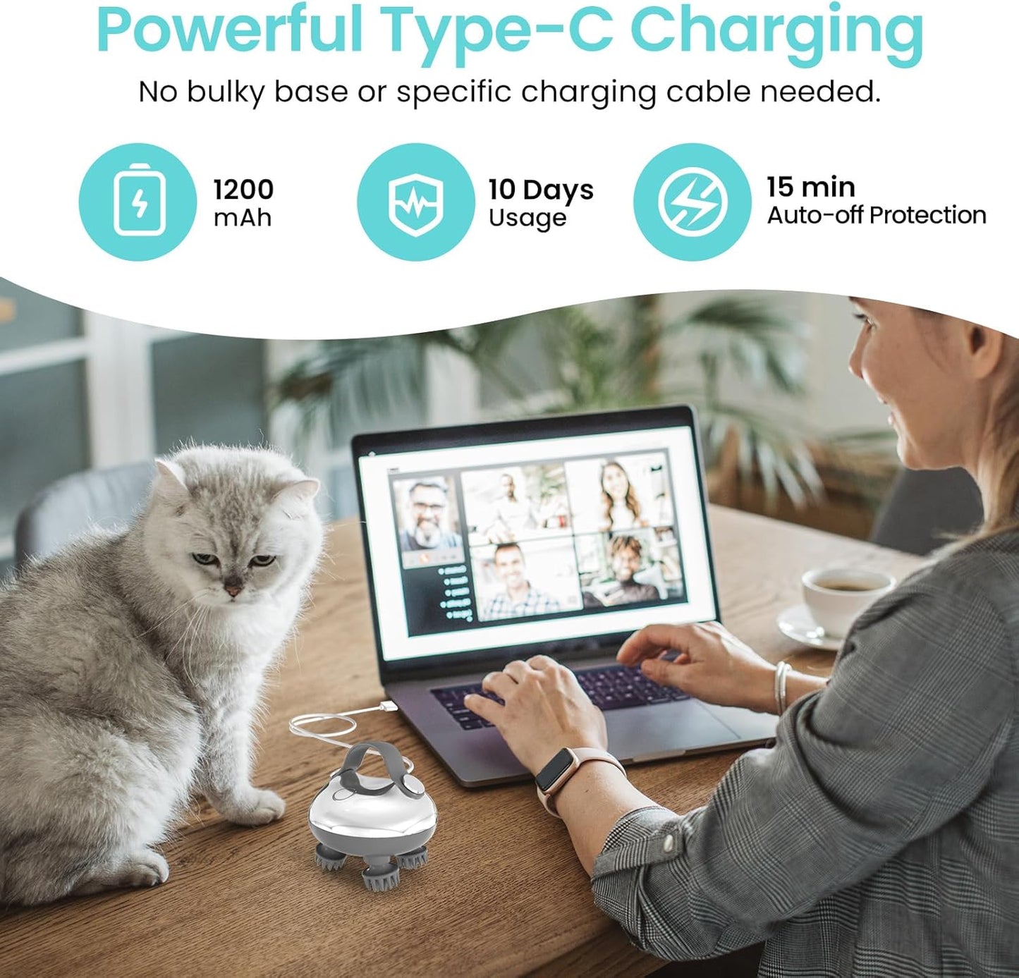 Portable Electric Scalp Massager - Rechargeable IPX7 Waterproof Heated Scalp Massager w/ 100 Kneading Nodes, 3 Speed Modes, 2 Massage Styles, 8 Claws for Scalp/Body Massage & Face Cleaning (Silver）