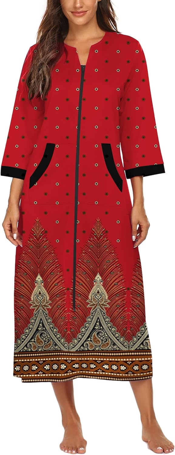 Ekouaer Women Zipper Robe 3/4 Sleeves Loungewear Dress Full Length Sleepwear Pockets Housecoat Nightgown Long Bathrobe