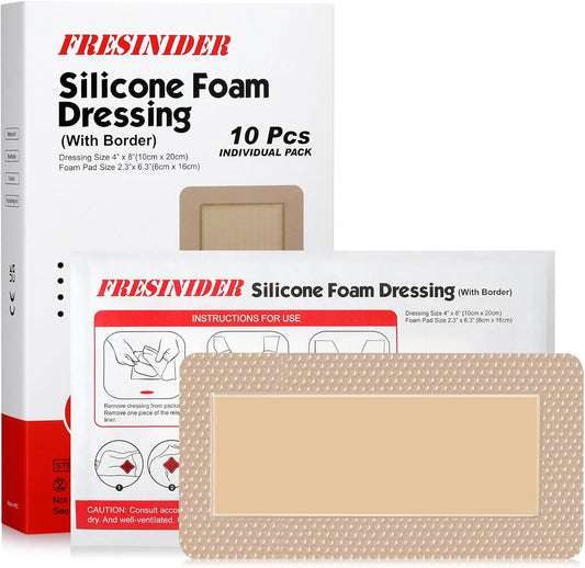 FRESINIDER 4" x 8" Pack of 10 Silicone Foam Wound Dressing - Waterproof Adhesive Bandages with Bordered - Super Absorbent & Breathable for Optimal Wound Care