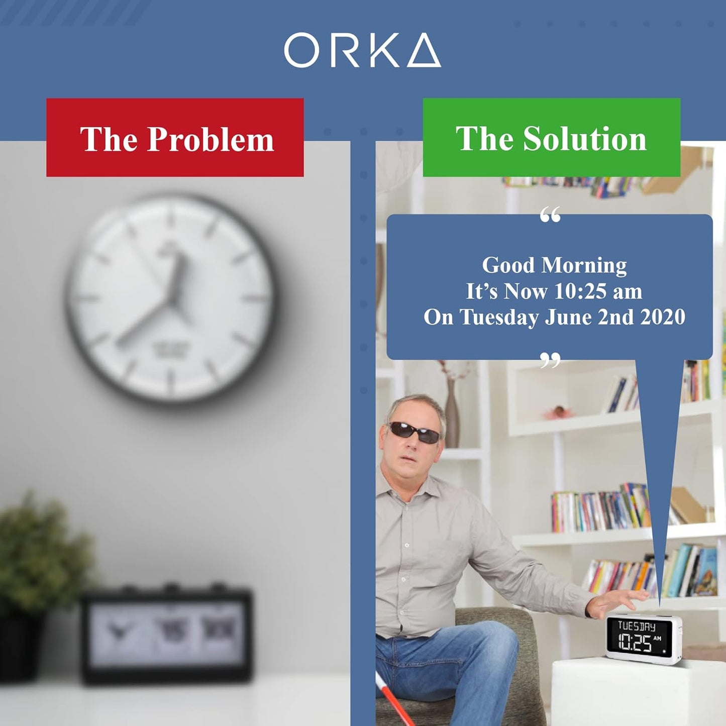 ORKA Talking Clock. Voice Recordable Ex Large Medication Pill Reminder. Talking Alarm Clock for Dementia, Hearing, Visually impaired Seniors-Digital Day Clock with Multiple Customized Alarms White