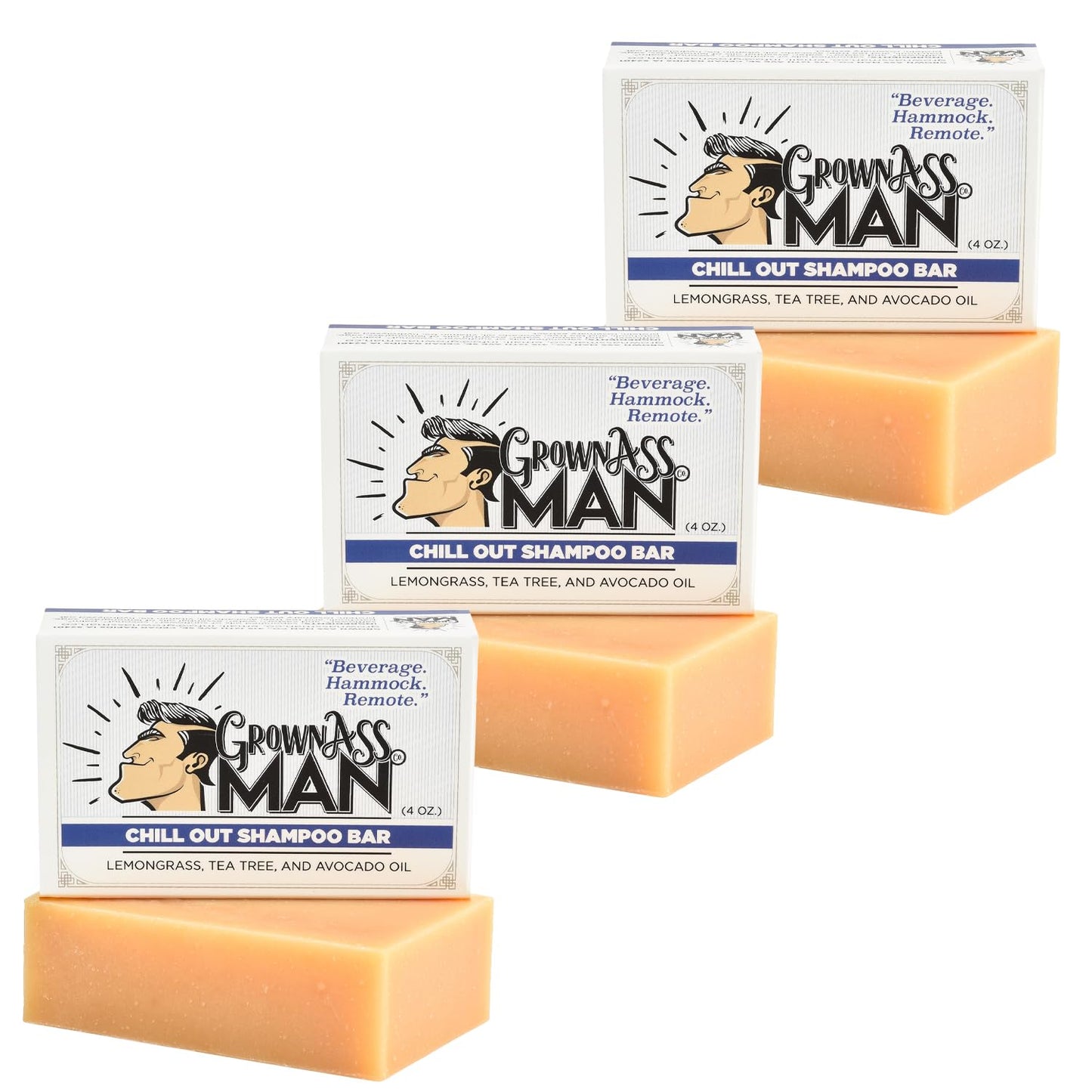 Grown Ass Man Co. - Solid Shampoo Bar Rich Lather 3 in 1: Hair, Beard & Body Wash - Plastic Free & Eco-Friendly, Natural & Organic Clean for All Hair Types, 4oz Bar (Chill Out, 3-Pack)