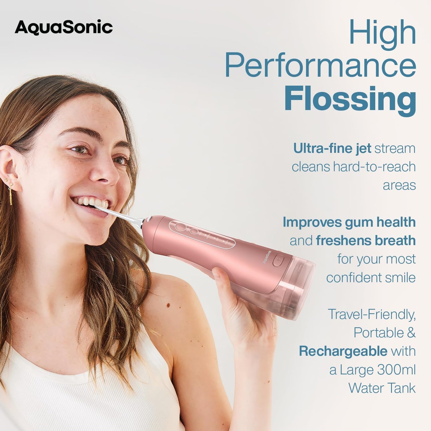 AquaSonic Aqua Flosser PRO - Rechargeable Cordless Water Flosser for Teeth, Gums & Tongue - Modern Design, 300ml Large Tank, 6 Jet Tips with Deluxe Tongue Nozzle, 3 Modes, Waterproof Rose Gold